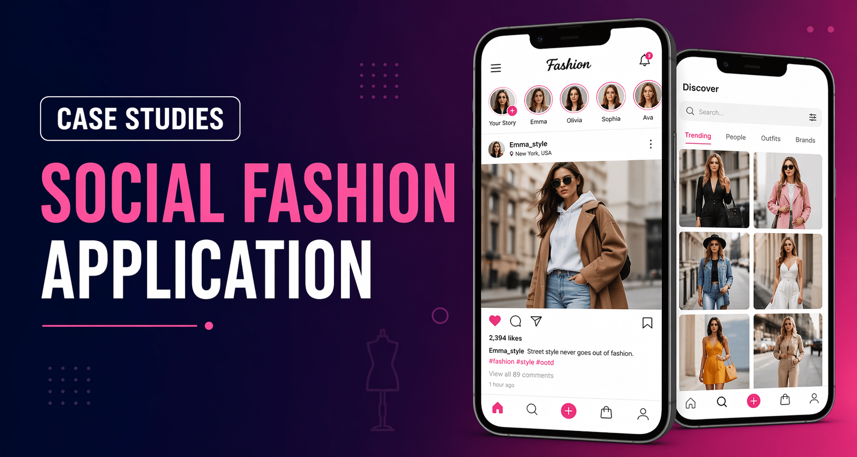 Social Fashion Application Case Study banner showing mobile app UI for fashion discovery and social engagement